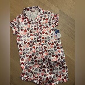 Girls 2 Piece Satin Like Heart Valentines PJ’s Short Set 10